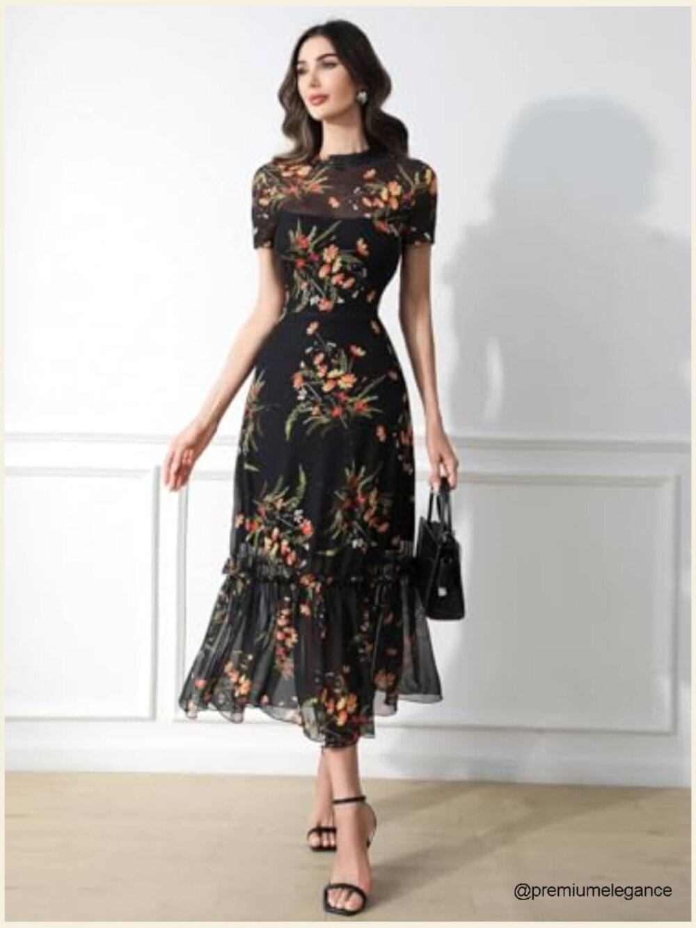 Floral Mesh Ruffle Maxi Dress Short Sleeve Round Neck High Waist Casual Wedding - Picture 2 of 7